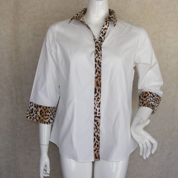 CHICO'S Top, 1/M, White, NO Iron, Leopard Accents, 3/4 sleeves, hidden buttons - Picture 13 of 13